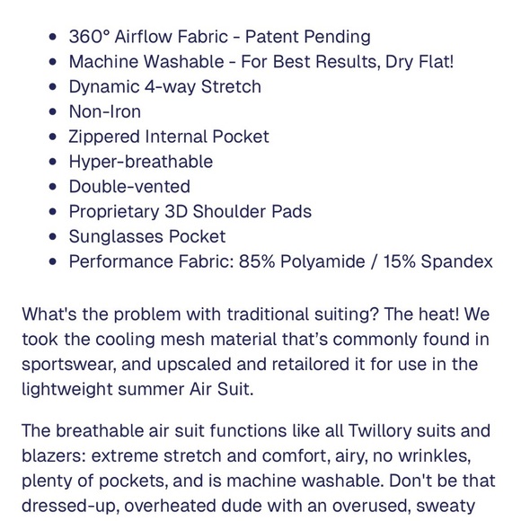 Twillory AIR Blue Suit 44R jacket & 36/30 pants - Like New! - Picture 5 of 5